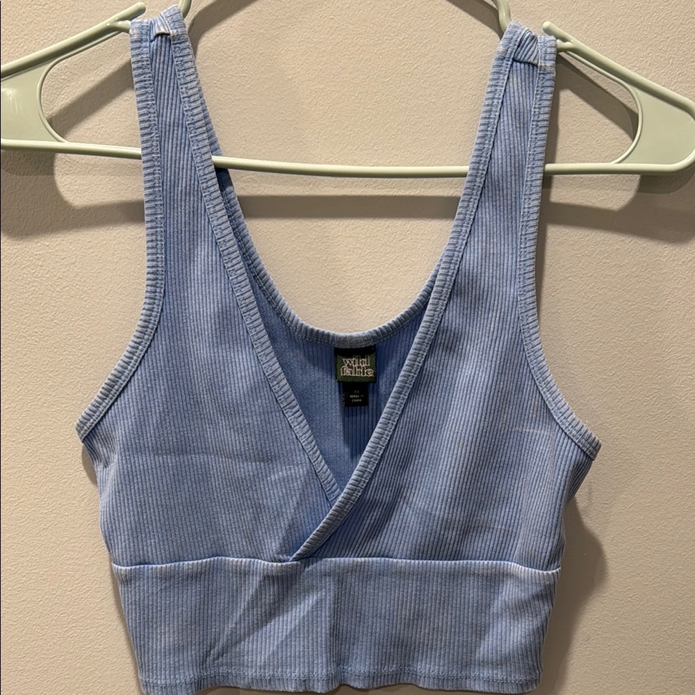 Blue Ribbed V-Neck Crop Top